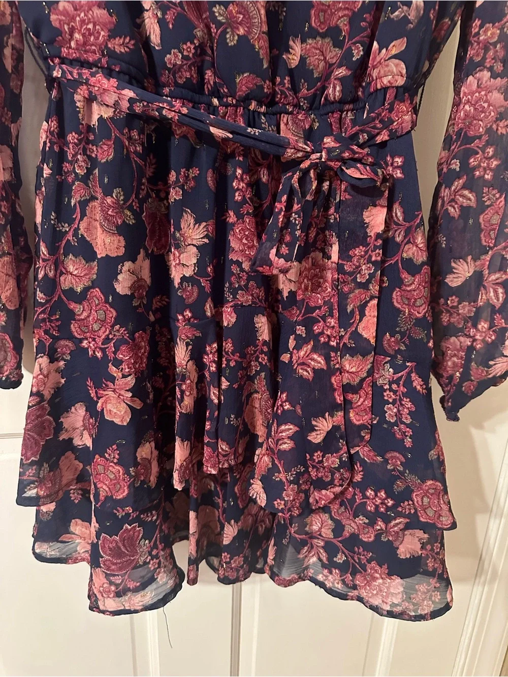 Navy Floral Long Sleeve Belted Mini Dress - Picture 2 of 4